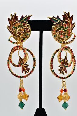 Lunch At The Ritz Vintage Loop Leaf Earrings Leaves Fall Crystal Signed BinAG